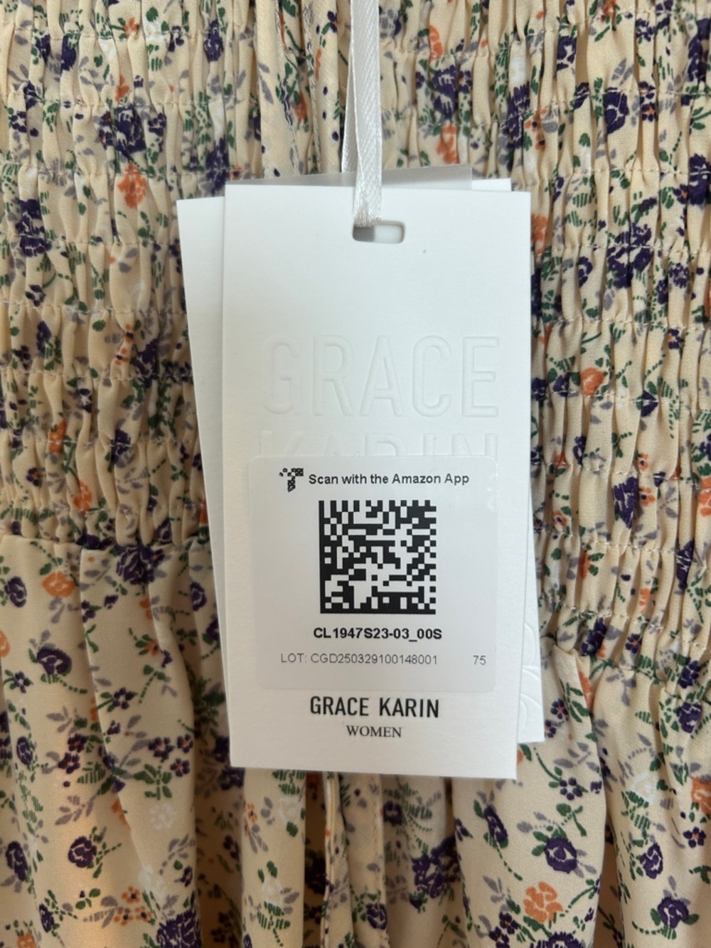 Grace Karin Cream Floral Smocked Dress with Purple and Orange Flowers - Picture 2 of 3